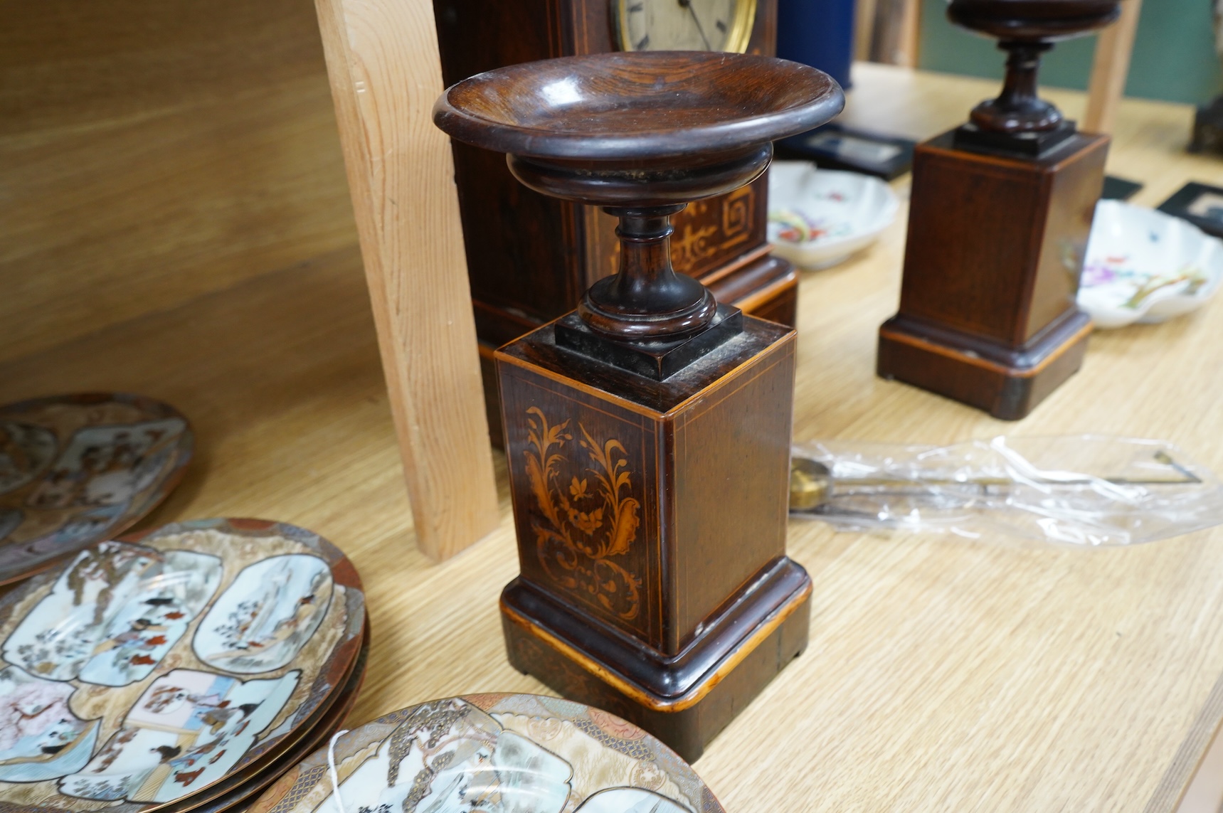 A late 19th century rosewood marquetry clock garniture by Graham, London, 35cm